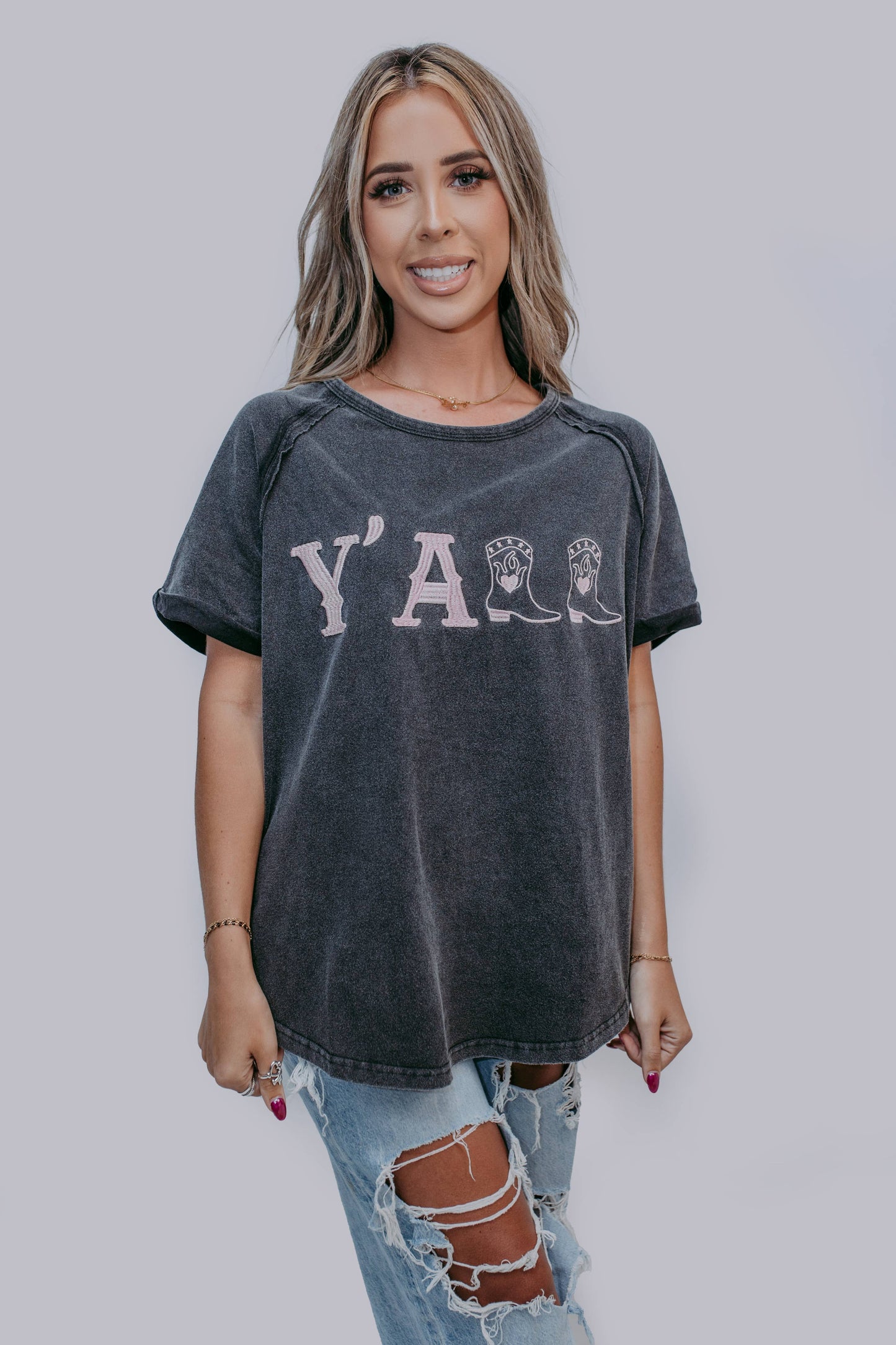 Acid Washed Y'all Embroidery Short Sleeve Tee