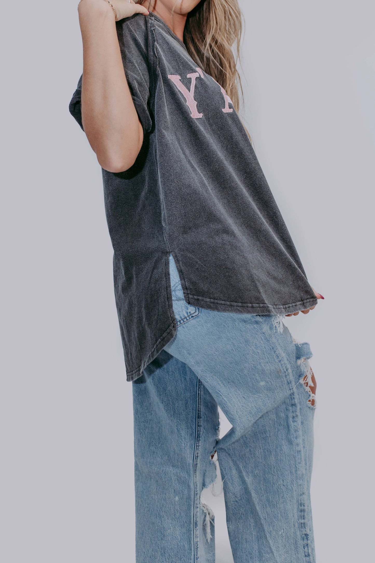 Acid Washed Y'all Embroidery Short Sleeve Tee