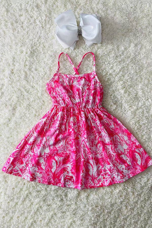 Pink paisley printed sleeveless girls dress w/criss cross