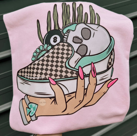 checker shoe & skull tee or sweatshirt