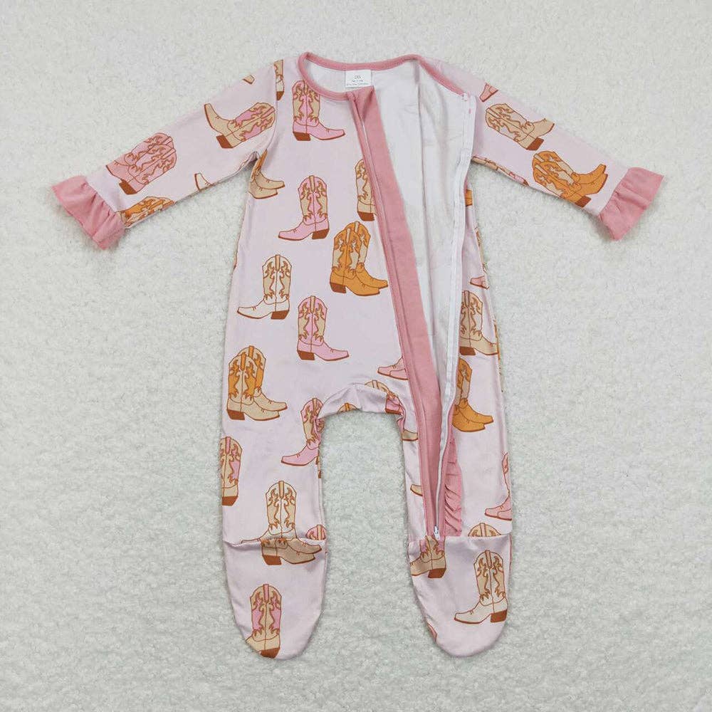 Baby Infant Girls Western Pink Boots Zip Sleepers Rompers