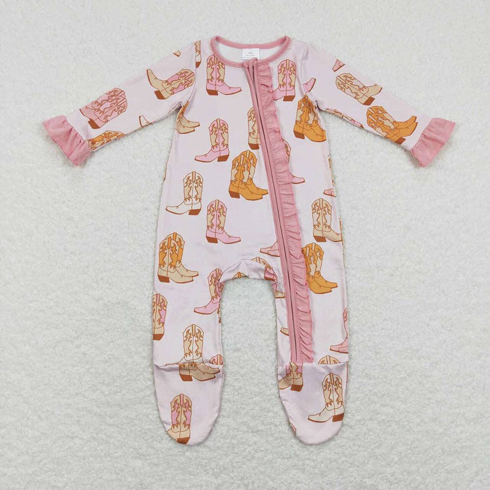 Baby Infant Girls Western Pink Boots Zip Sleepers Rompers