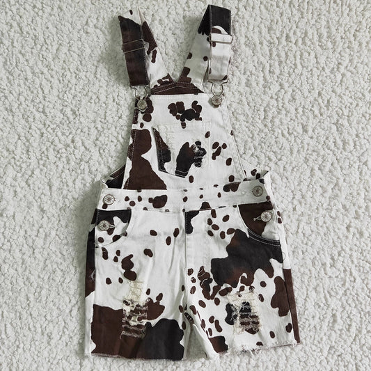 Cow Print Denim Short Overalls